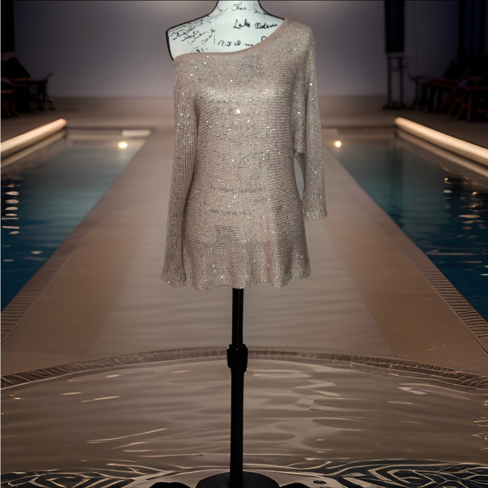 Questions Sequin Tunic On /Off Shoulder Sweater